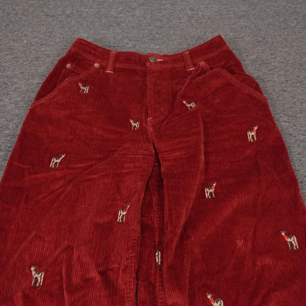 Free People Pants Womens 26 Red Corduroy Wide Leg Embroidered Deer Holiday - Picture 2 of 12